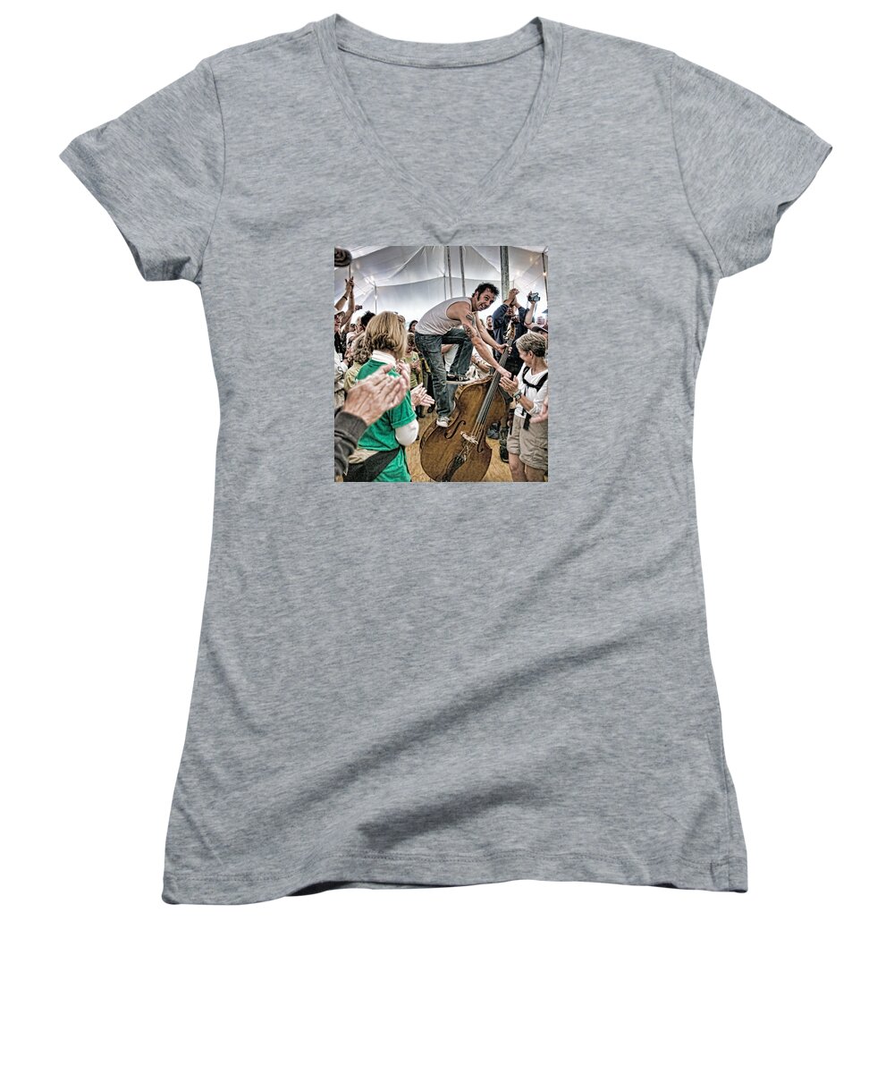 The Lost Bayou Ramblers Women's V-Neck featuring the photograph The Lost Bayou Ramblers Pleasing the Crowd by Ginger Wakem