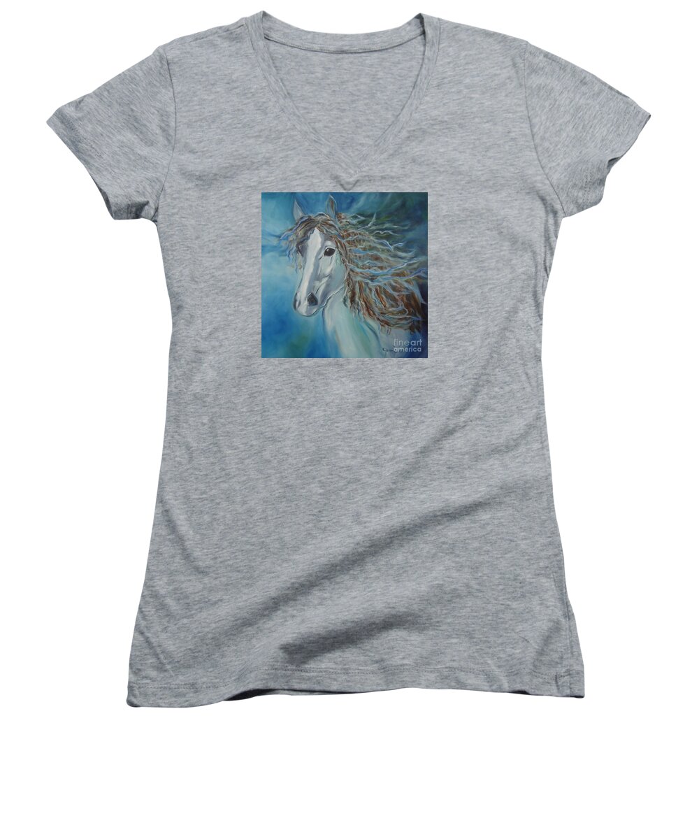 Abstract Equine Print Women's V-Neck featuring the painting Pony by Jenny Lee