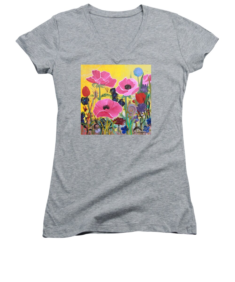 Poppies Women's V-Neck featuring the painting Poppies and Time Traveler by Robin Pedrero