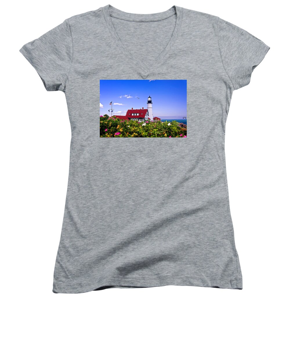 Maine Women's V-Neck featuring the photograph Portland Head Light and Roses by Mitchell R Grosky