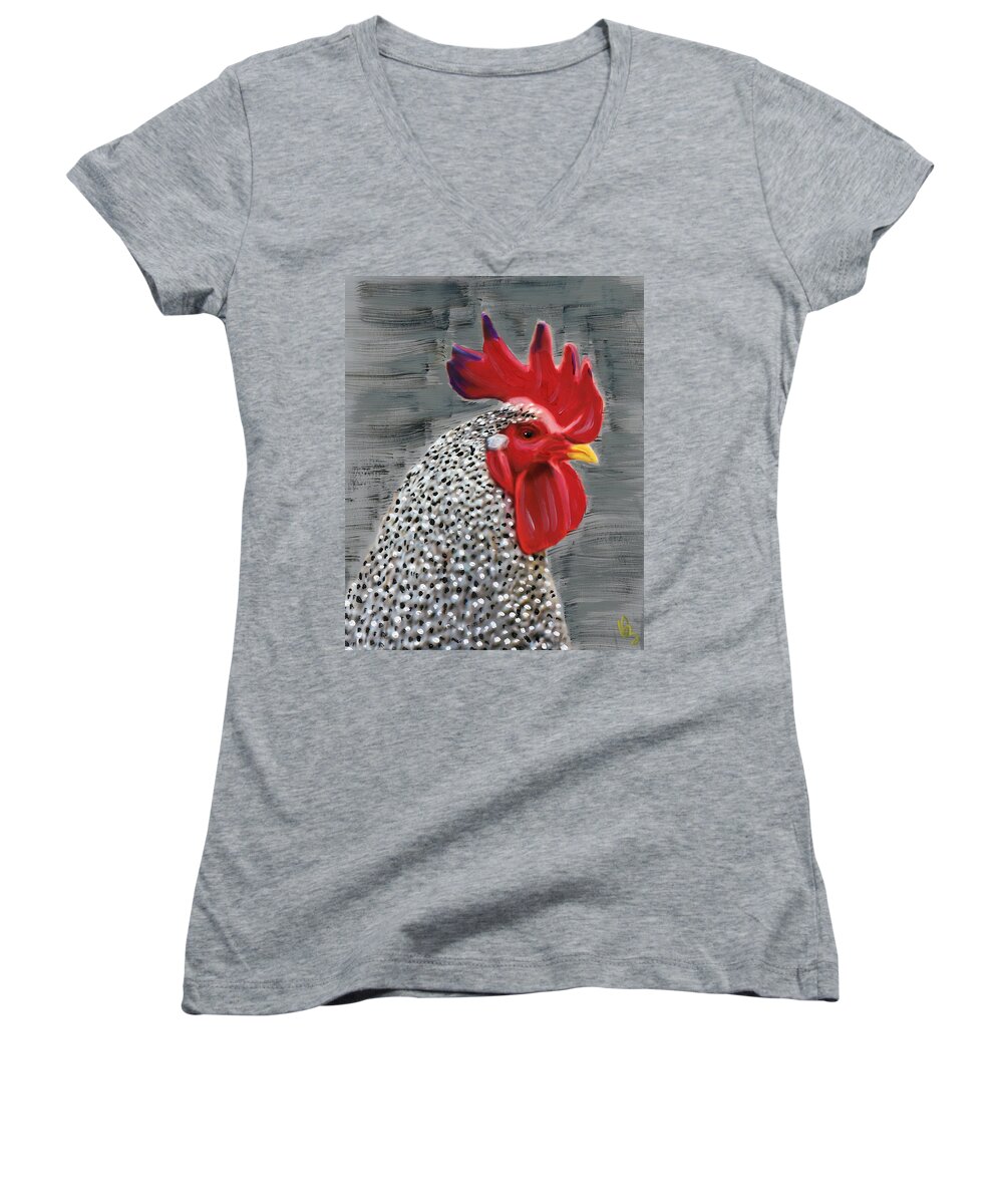 Rooster Women's V-Neck featuring the painting Portrait of a Rooster by Deborah Boyd
