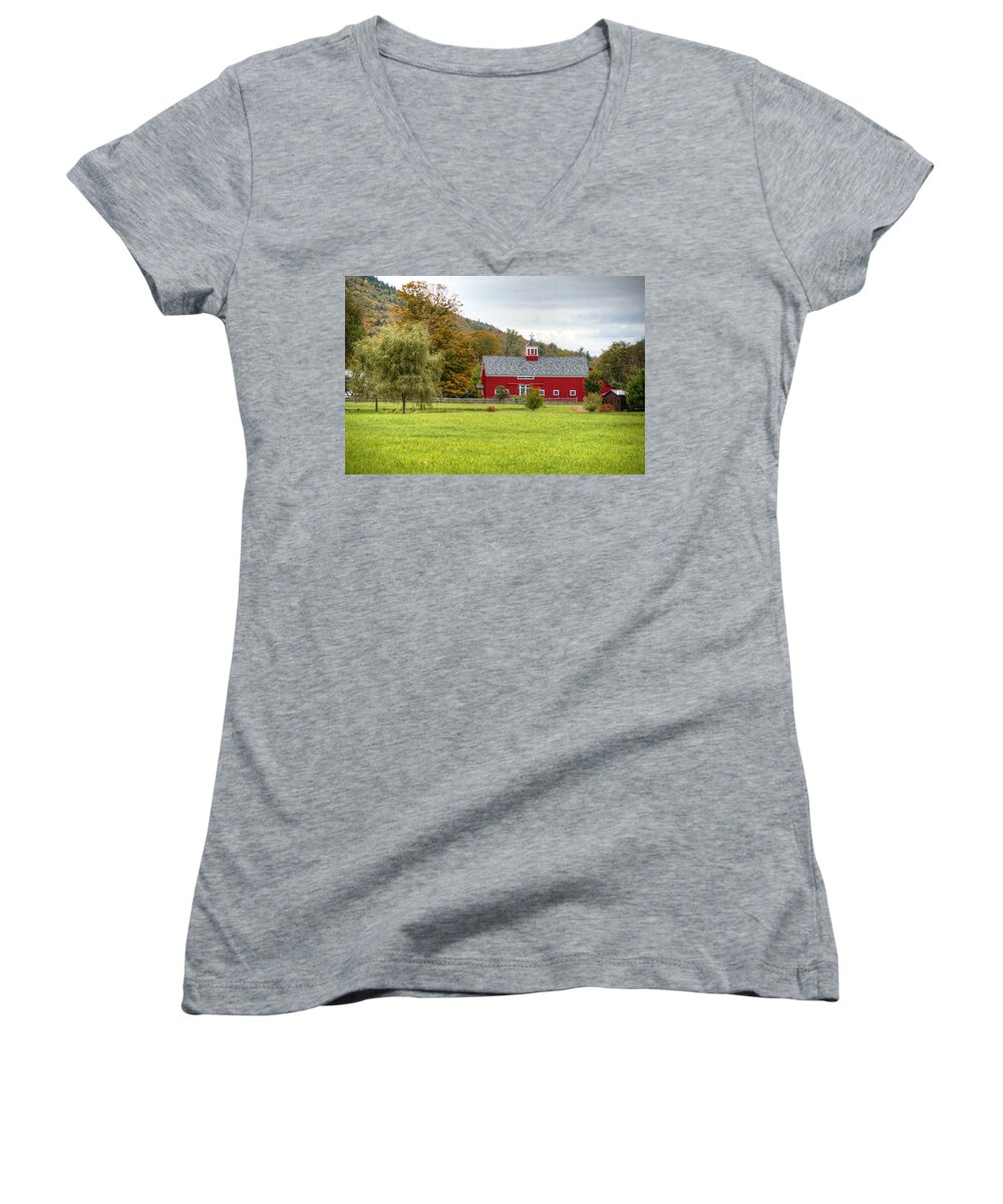 Barn Women's V-Neck featuring the photograph Prettiest Barn in Vermont by Donna Doherty