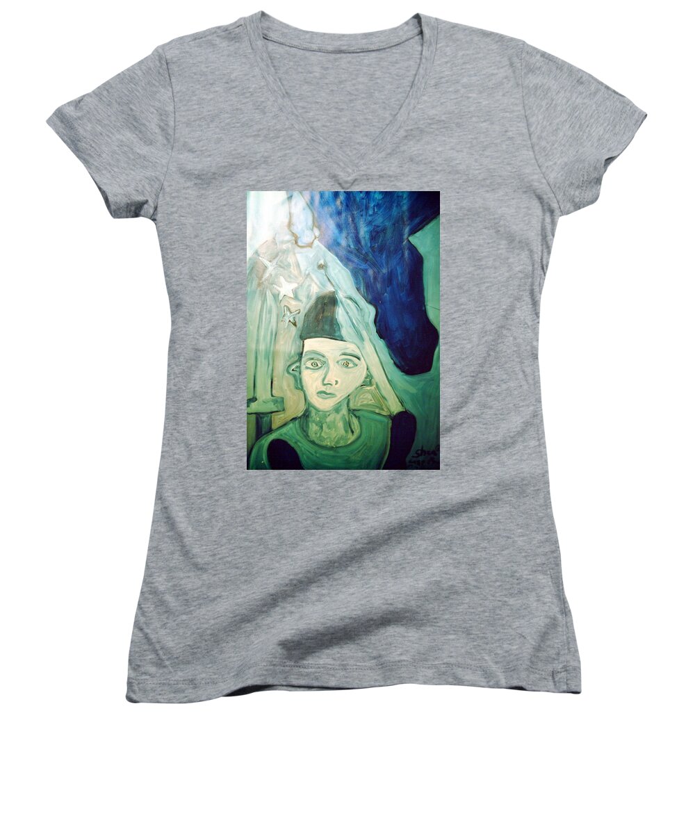 Blue Women's V-Neck featuring the painting Protector of the Great Land by Shea Holliman