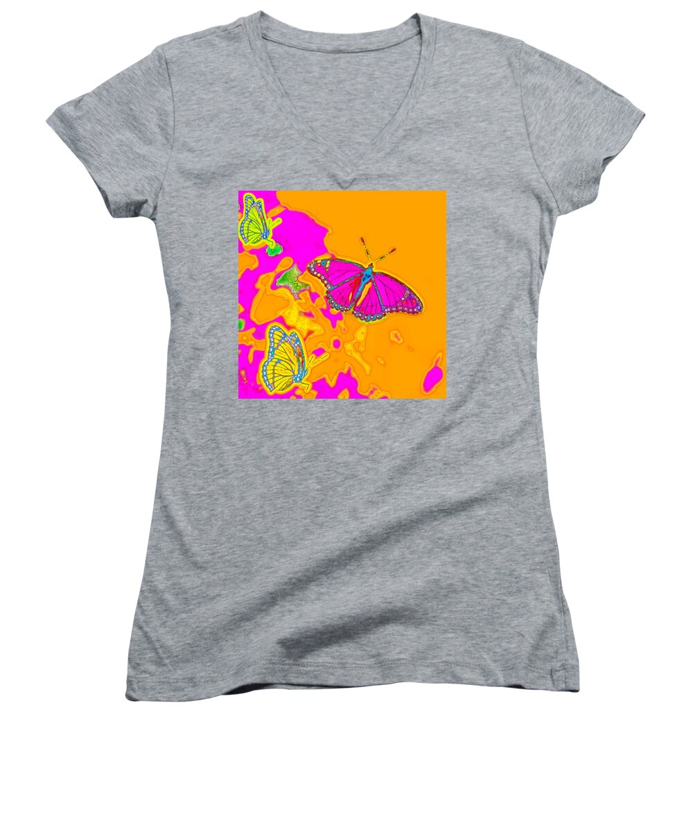 Pink Women's V-Neck featuring the digital art Psychedelic Butterflies by Marianne Campolongo