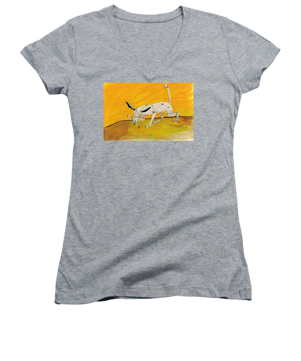 Mechanical Dog Women's V-Neck featuring the painting Pulling My Own Strings by Pat Saunders-White