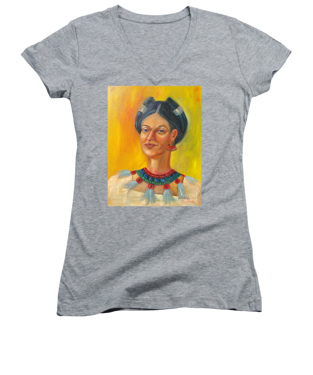 Aztec Women's V-Neck featuring the painting Queen Centehua by Lilibeth Andre