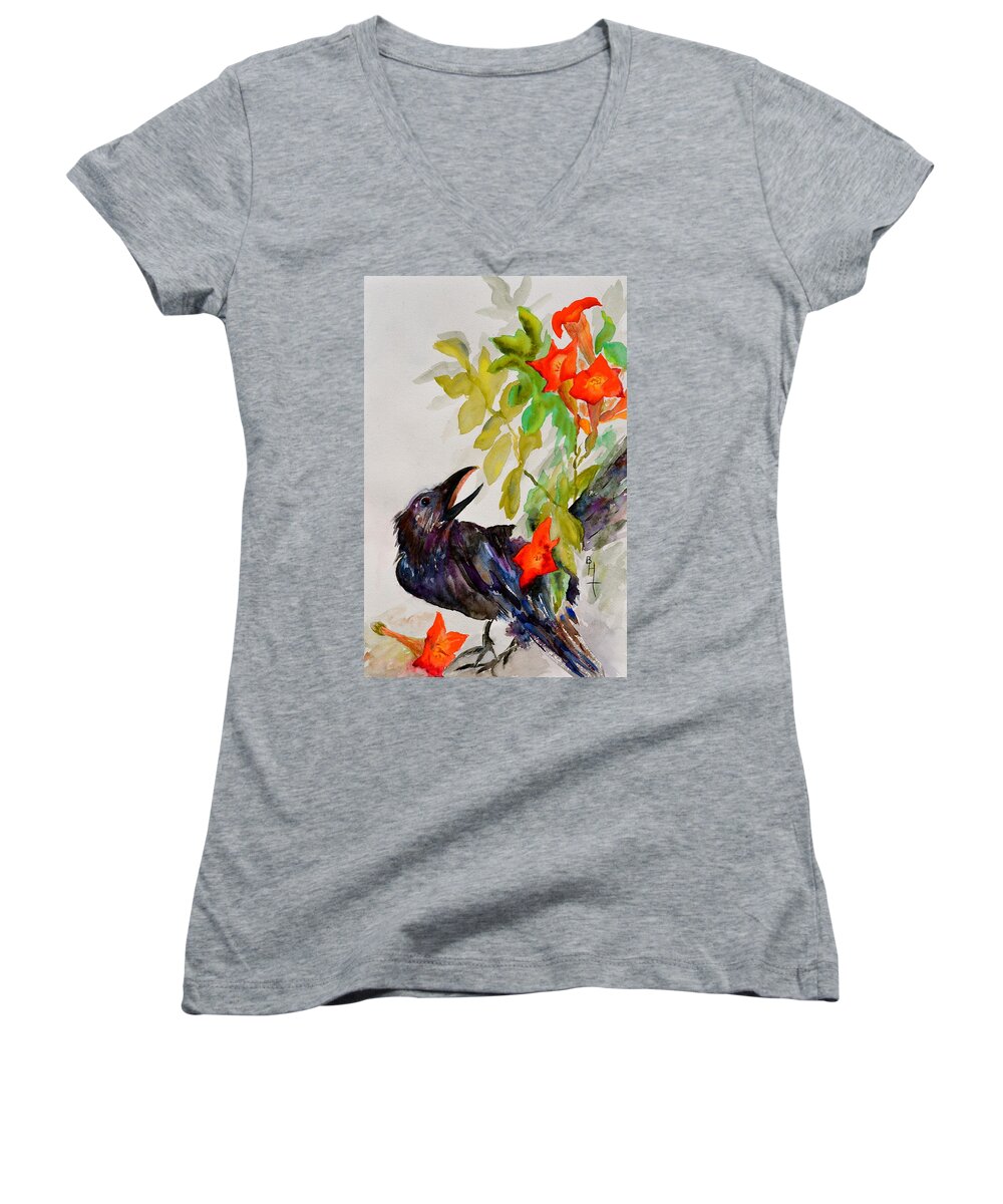 Crow Women's V-Neck featuring the painting Quoi by Beverley Harper Tinsley