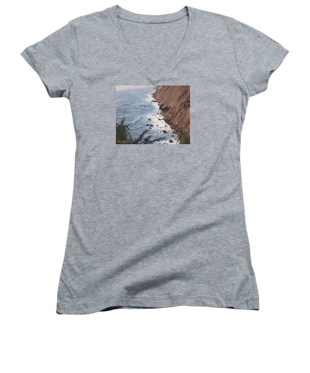 California Women's V-Neck featuring the painting Ragged Point California by Barbara Barber