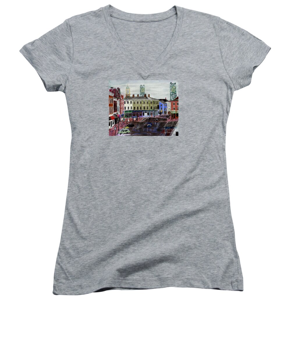 Market Square Women's V-Neck featuring the pastel Rainy Day on Market Square by Francois Lamothe