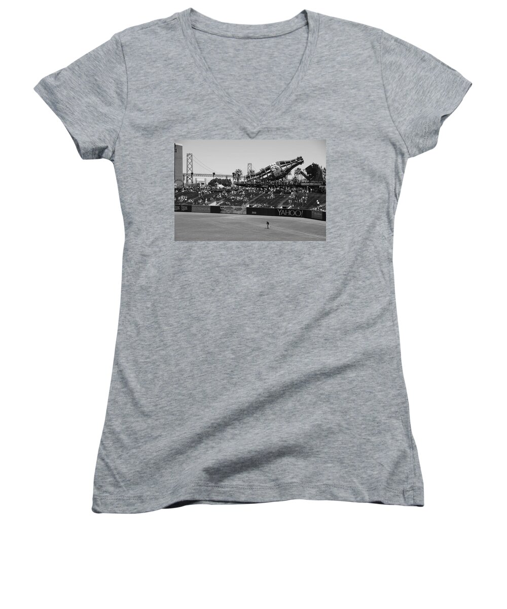 San Francisco Giants Women's V-Neck featuring the photograph Raking The Lawn by Eric Tressler