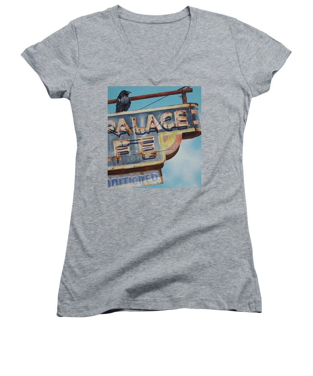  Women's V-Neck featuring the painting Raven and Palace by Greg and Linda Halom