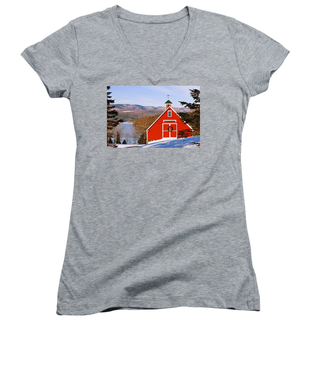 Red Women's V-Neck featuring the photograph Red Barn on Newfound Lake by Harry Moulton