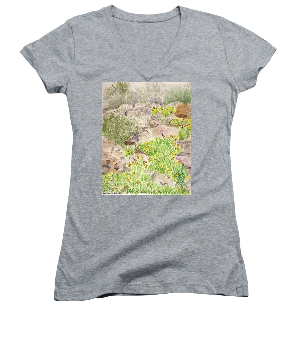 Utah Women's V-Neck featuring the painting Red Butte Gardens by Linda Feinberg