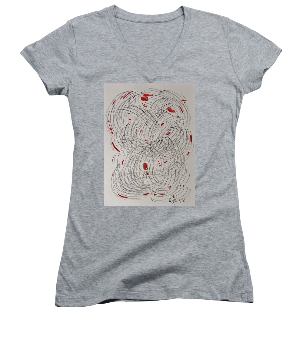 Red Fan Women's V-Neck featuring the drawing Red Fan by Mary Carol Williams