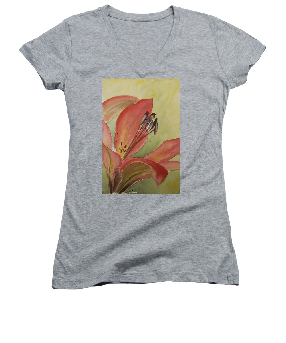 Lily Red Flower Watercolor Macro Women's V-Neck featuring the painting Red Lily by Brenda Salamone