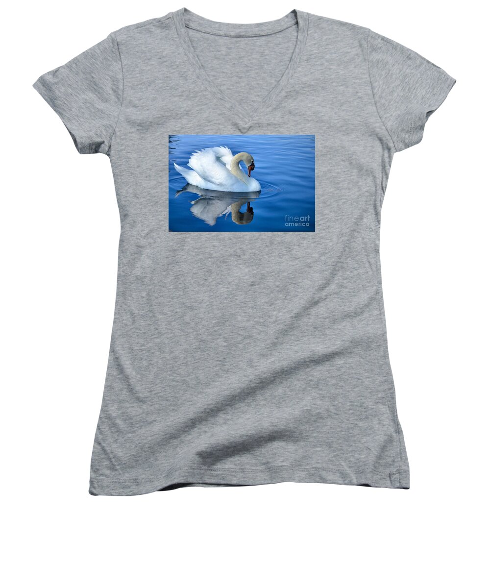White Swan Women's V-Neck featuring the photograph Reflecting by Deb Halloran