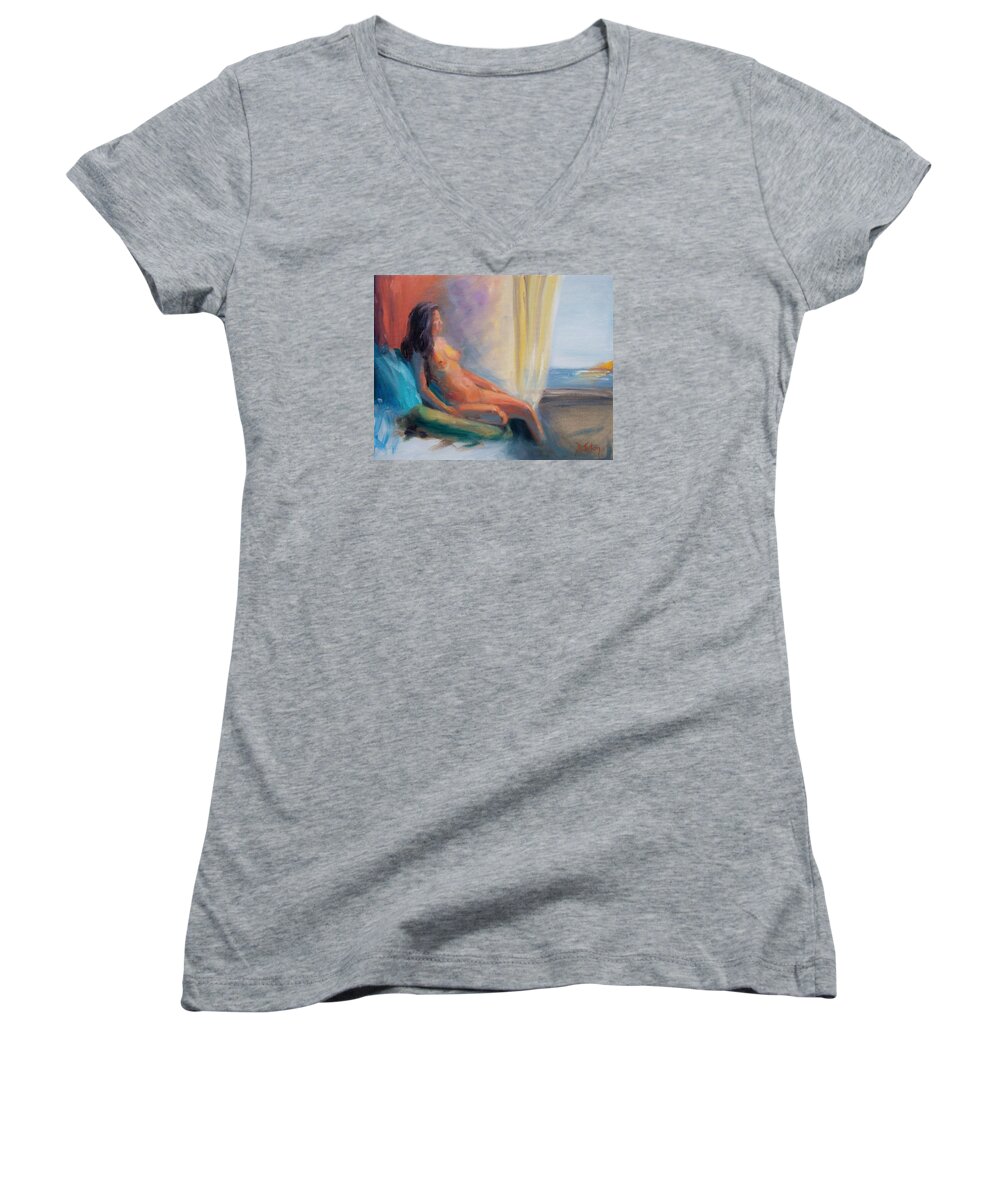 Figure Women's V-Neck featuring the painting Reflecting by Donna Tuten