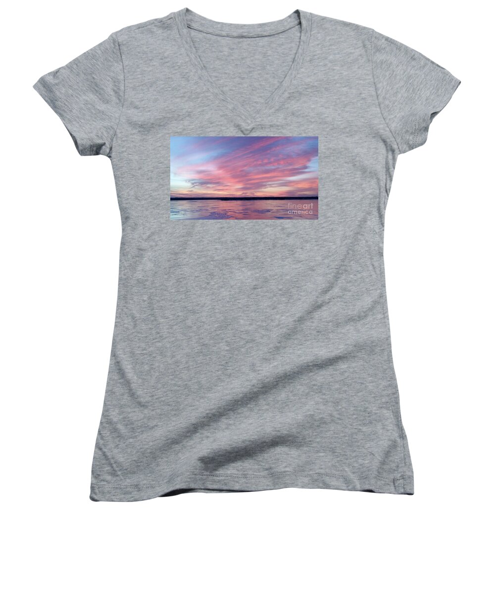 Branched Oak Lake Women's V-Neck featuring the photograph Reflections in Pink by Caryl J Bohn