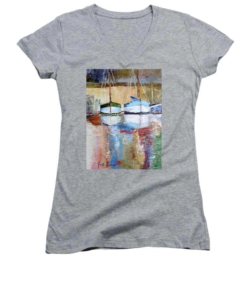 Boats Women's V-Neck featuring the painting Reflections by Janet Garcia