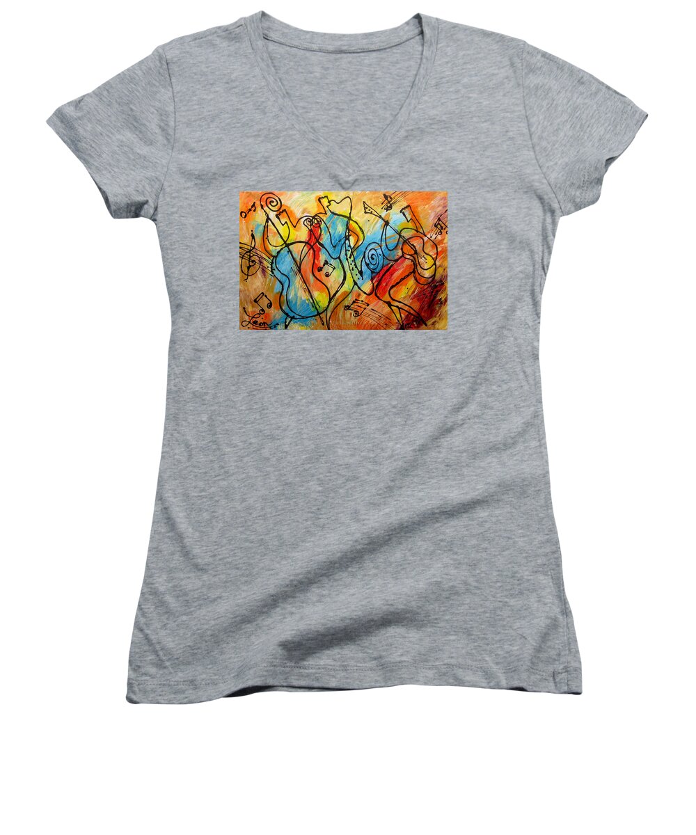West Coast Jazz Paintings Paintings Paintings Women's V-Neck featuring the painting Ragtime 2 by Leon Zernitsky