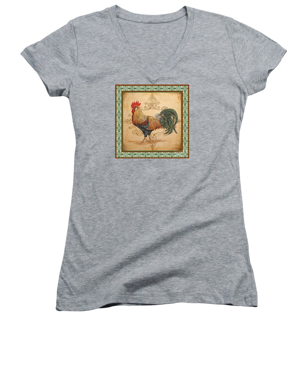 Acrylic Painting Women's V-Neck featuring the painting Renaissance Rooster-A-GREEN by Jean Plout