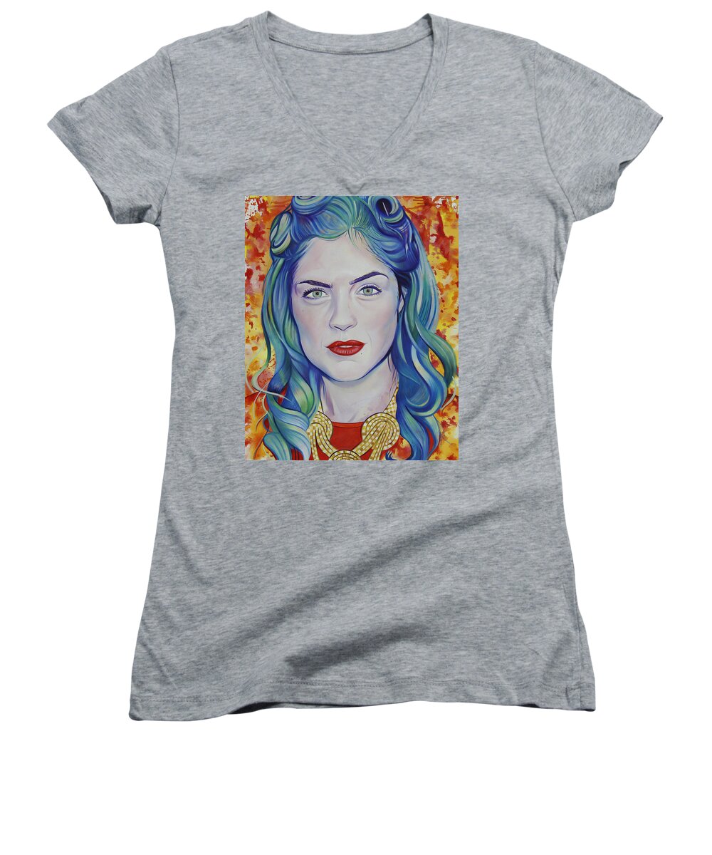 Rene Taylor Women's V-Neck featuring the painting Rene Taylor by Joshua Morton