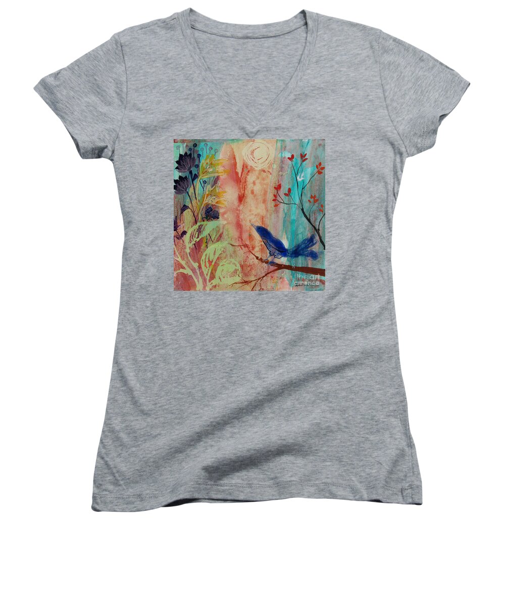 Blue Bird Women's V-Neck featuring the painting Rhythm and Blues by Robin Pedrero