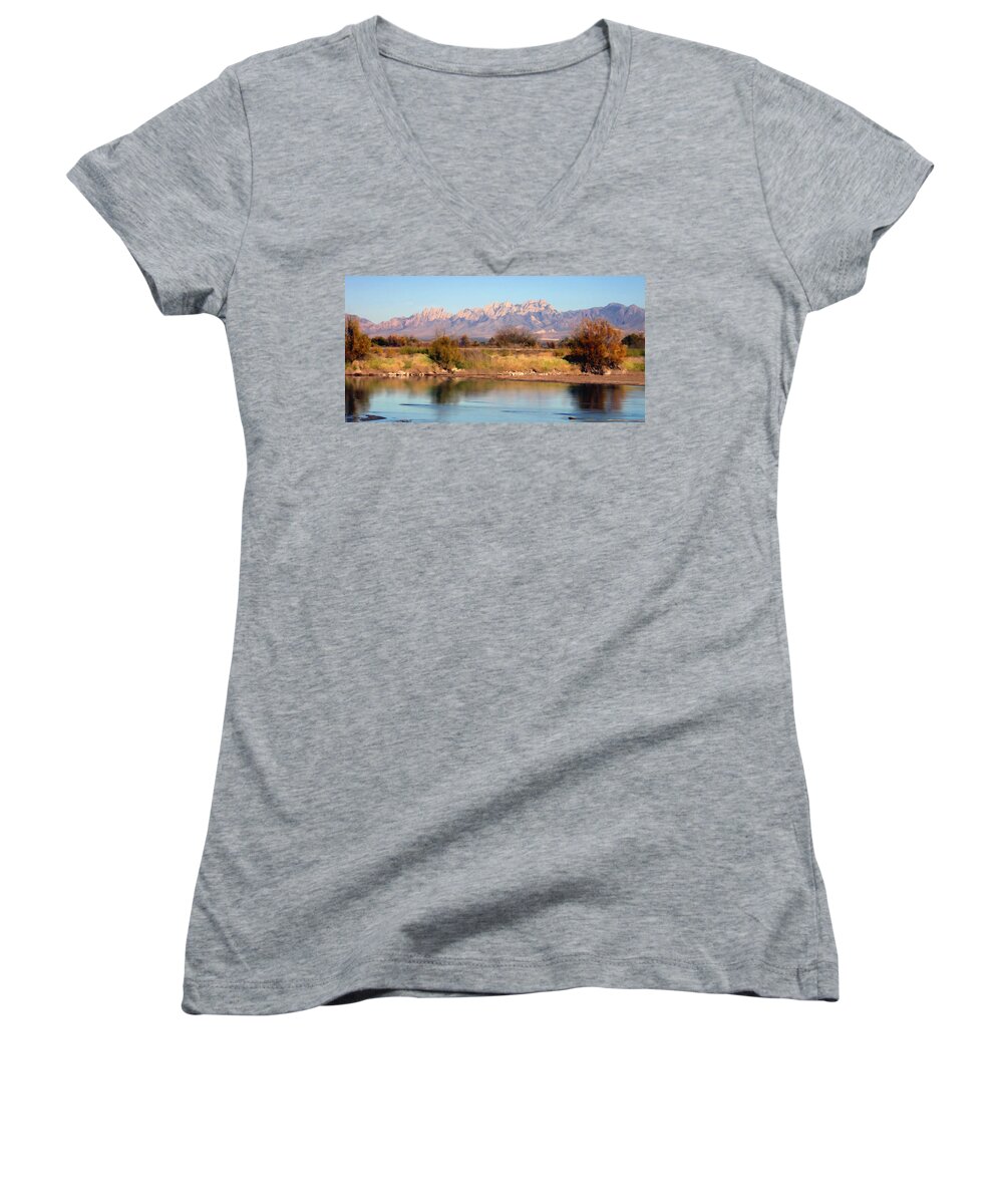 Las Cruces Women's V-Neck featuring the photograph River View Mesilla Panorama by Kurt Van Wagner