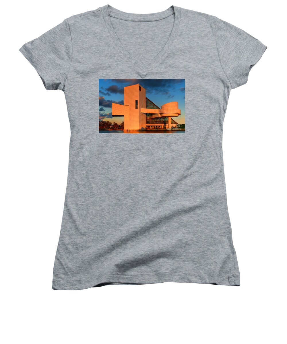 Rock And Roll Hall Of Fame Women's V-Neck featuring the photograph Rock and Roll Hall of Fame by Jerry Fornarotto