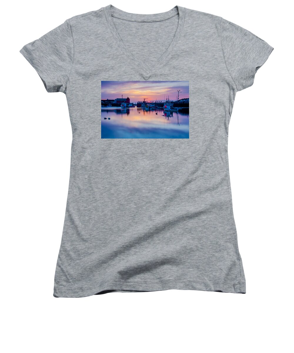 Motif #1 Women's V-Neck featuring the photograph Rockport harbor sunrise over Motif #1 by Jeff Folger
