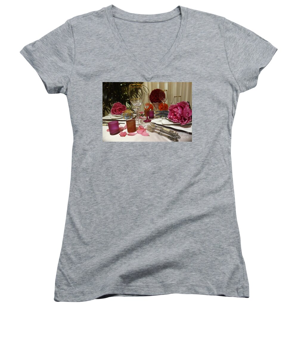 Nina Prommer Women's V-Neck featuring the photograph Romantic Dinner Setting by Nina Prommer