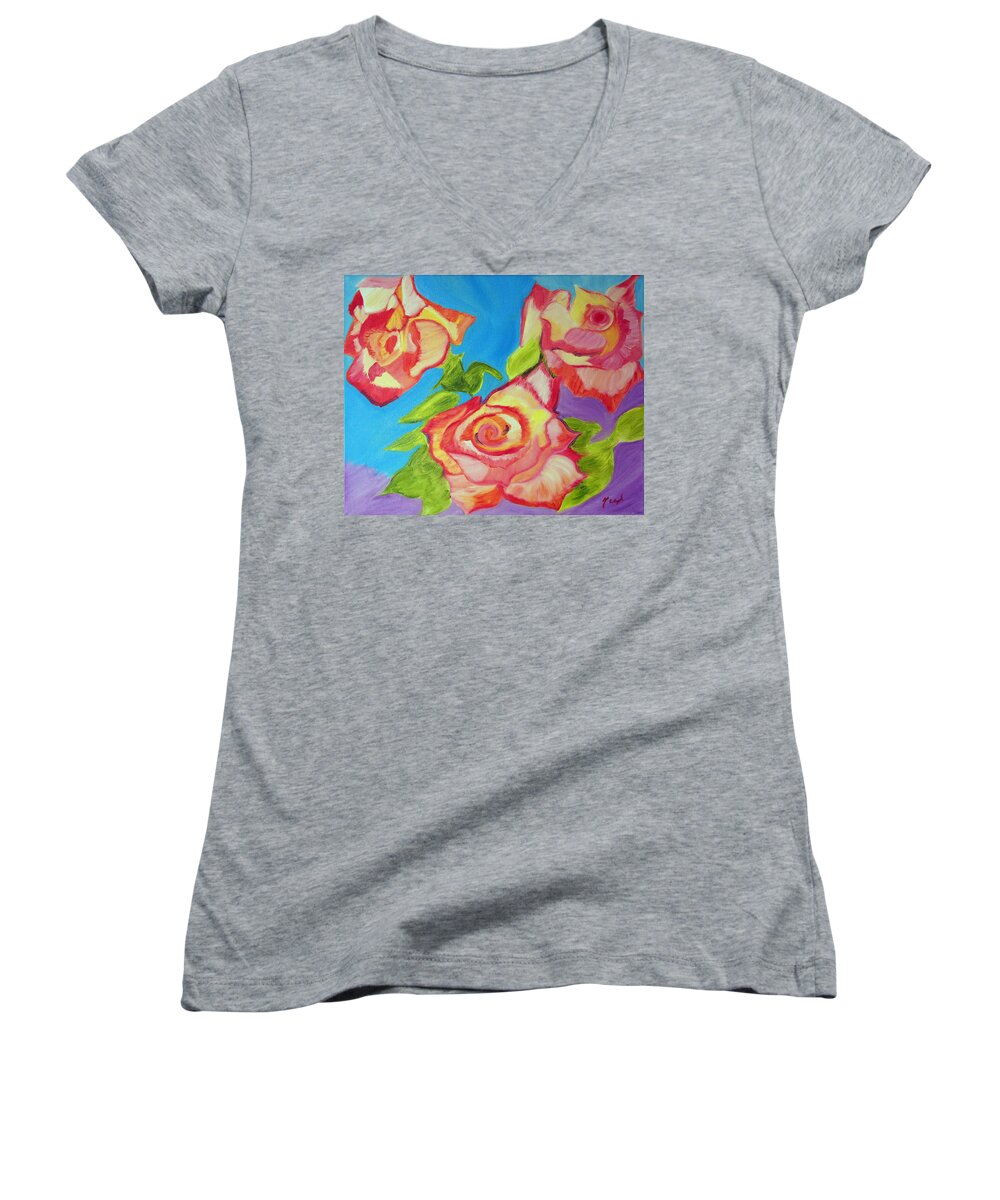 Roses Women's V-Neck featuring the painting Rosey by Meryl Goudey
