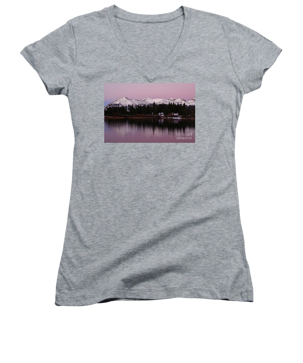 Molas Lake Women's V-Neck featuring the photograph Rosey Lake Reflections by Kelly Black