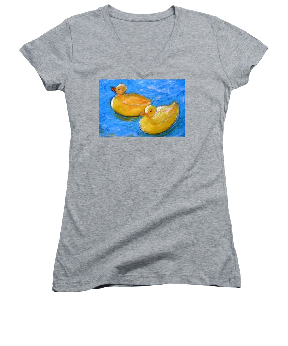 Yellow Ducks Women's V-Neck featuring the mixed media Rubber Ducks in A Tub by Gerry High