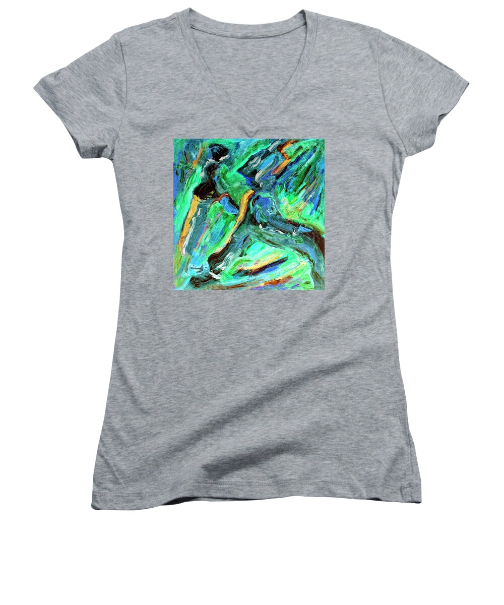 Abstract Women's V-Neck featuring the painting Runners by Dominic Piperata