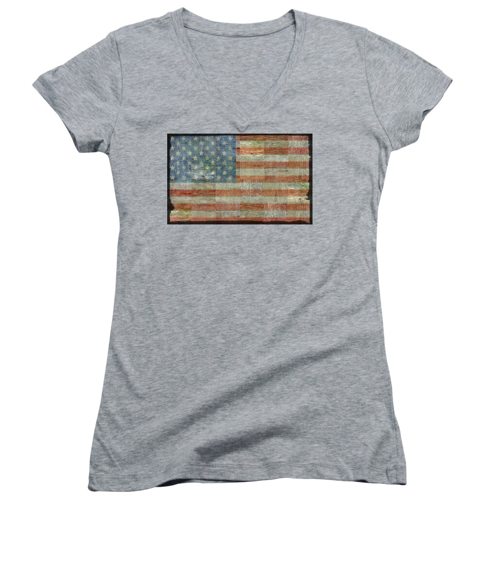 Flag Women's V-Neck featuring the photograph Rustic American Flag by Michelle Calkins