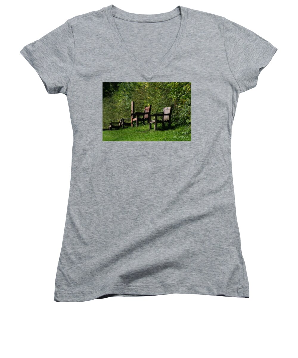 Garden Furniture Handmade Women's V-Neck featuring the photograph Tranquility in the Park by Doc Braham