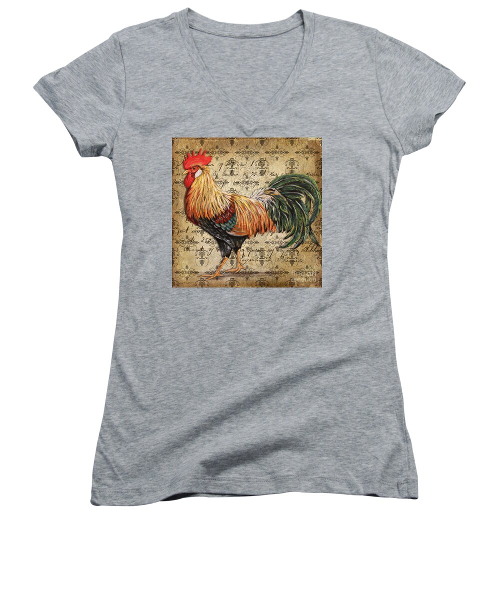 Acrylic Painting Women's V-Neck featuring the painting Rustic Rooster-JP2121 by Jean Plout