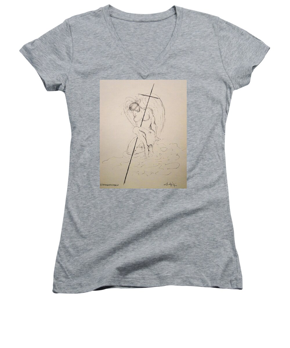 Original Women's V-Neck featuring the drawing Sacred by Giorgio Tuscani