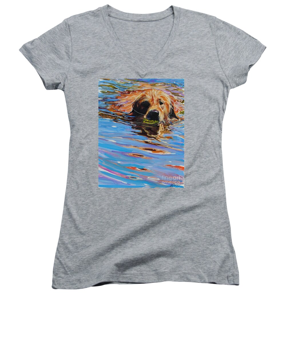 Golden Retriever Women's V-Neck featuring the painting Sadie Has A Ball by Molly Poole