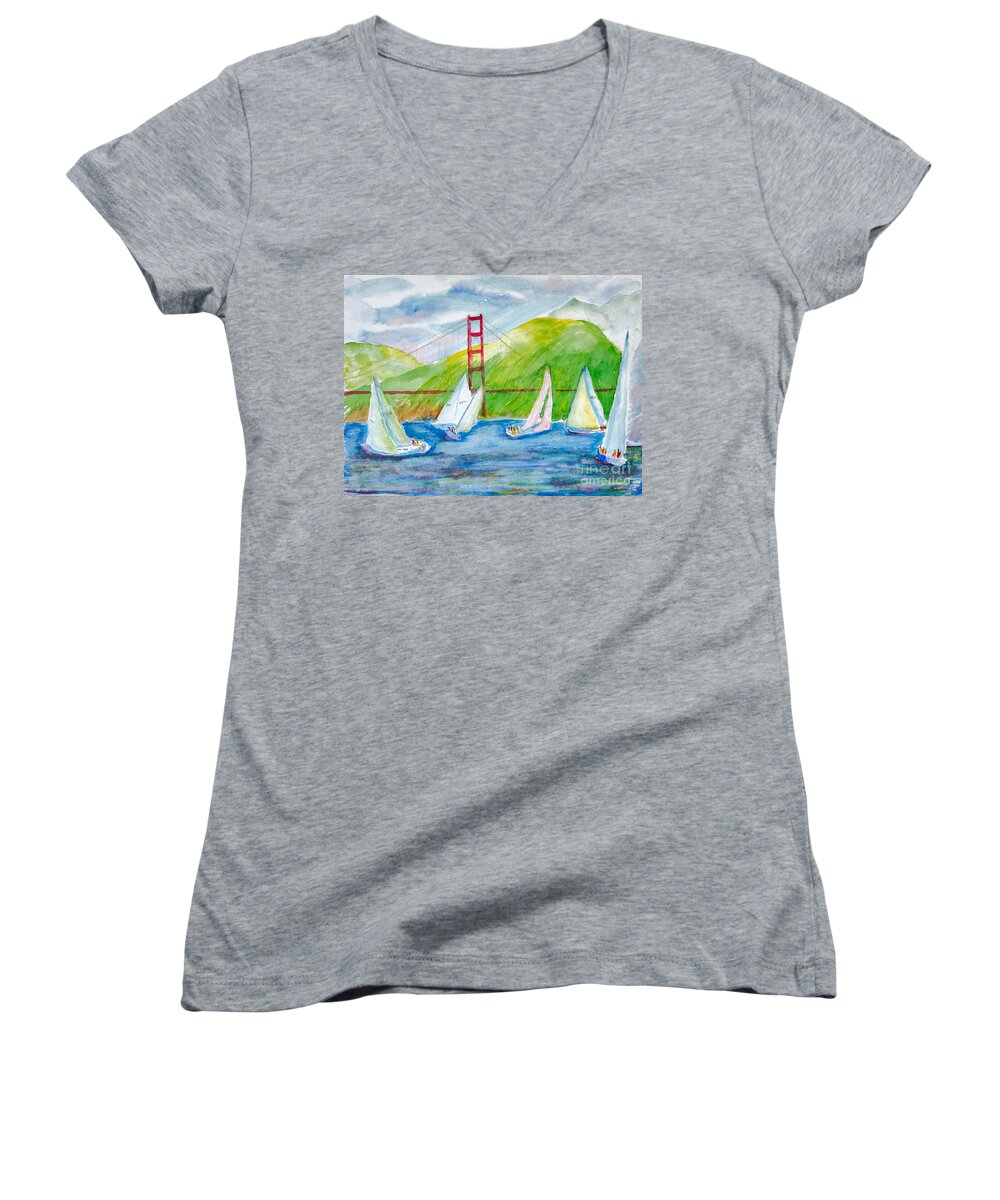 Nature Women's V-Neck featuring the painting Sailboat Race at the Golden Gate by Walt Brodis