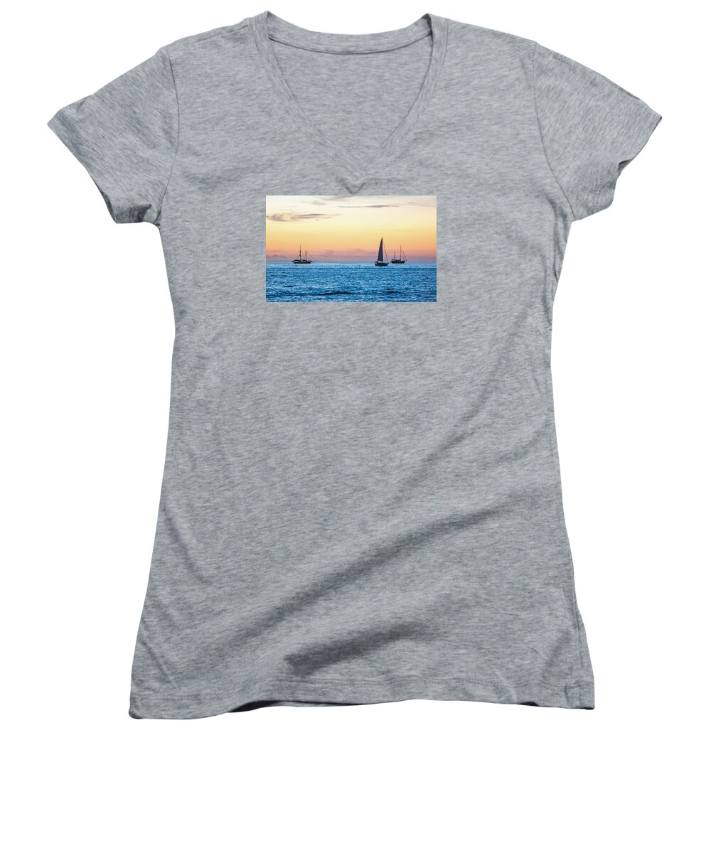 Key West Women's V-Neck featuring the photograph Sailboats at Sunset off Key West Florida by Photographic Arts And Design Studio