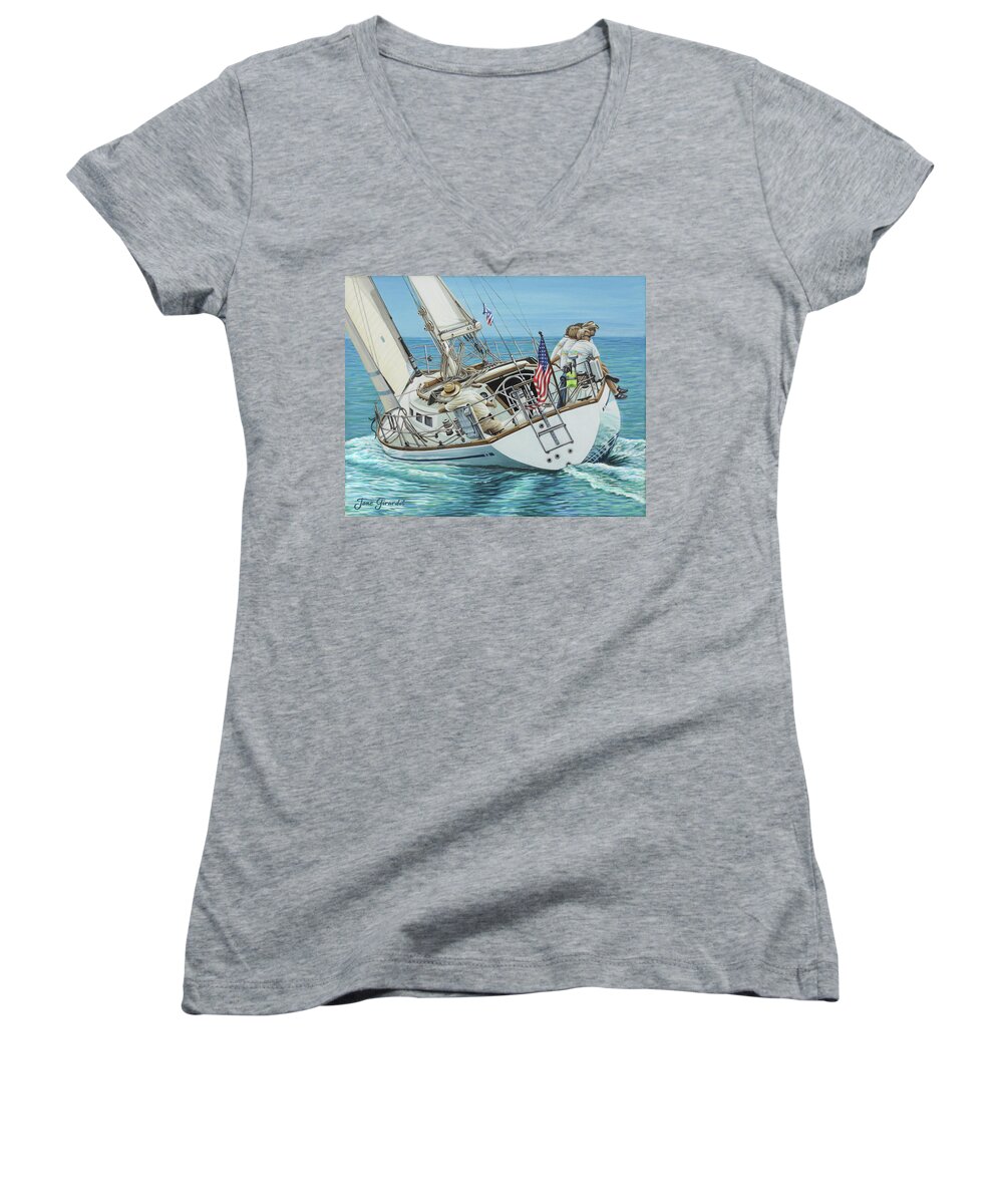 Ocean Women's V-Neck featuring the painting Sailing Away by Jane Girardot