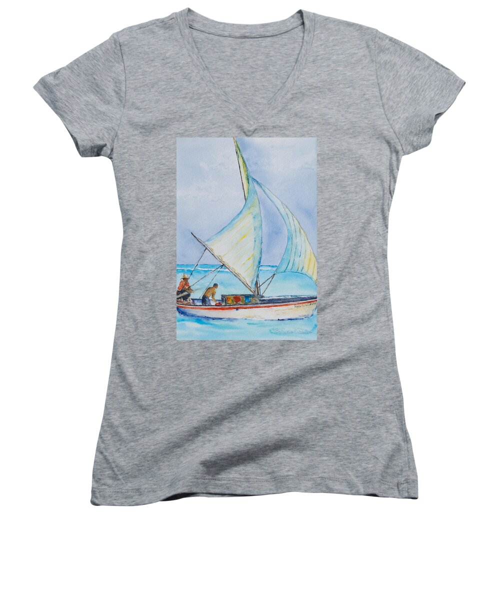 Belize Women's V-Neck featuring the painting Sailing Belize by Patricia Beebe