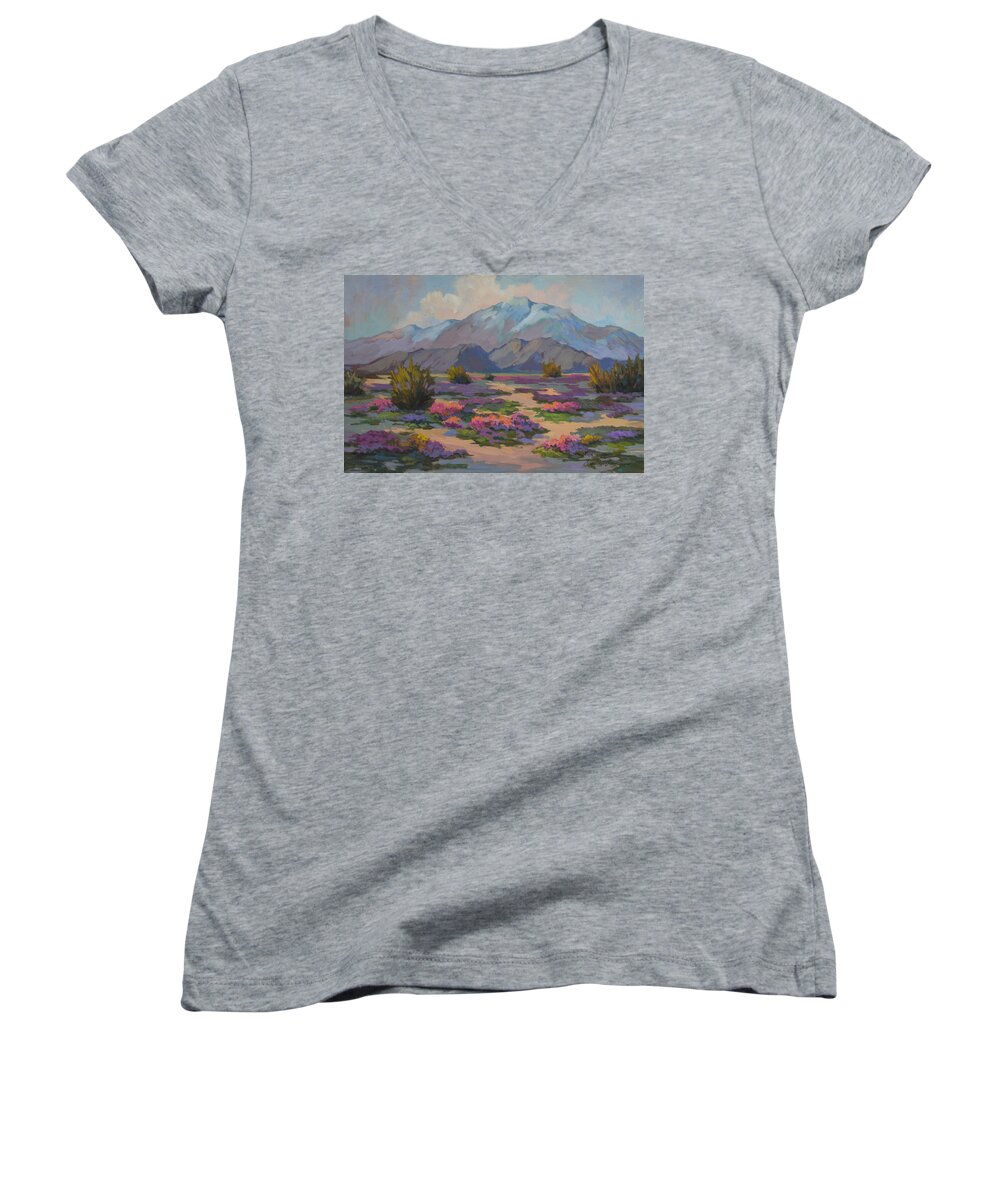 Mount San Jacinto Women's V-Neck featuring the painting San Jacinto and Verbena by Diane McClary