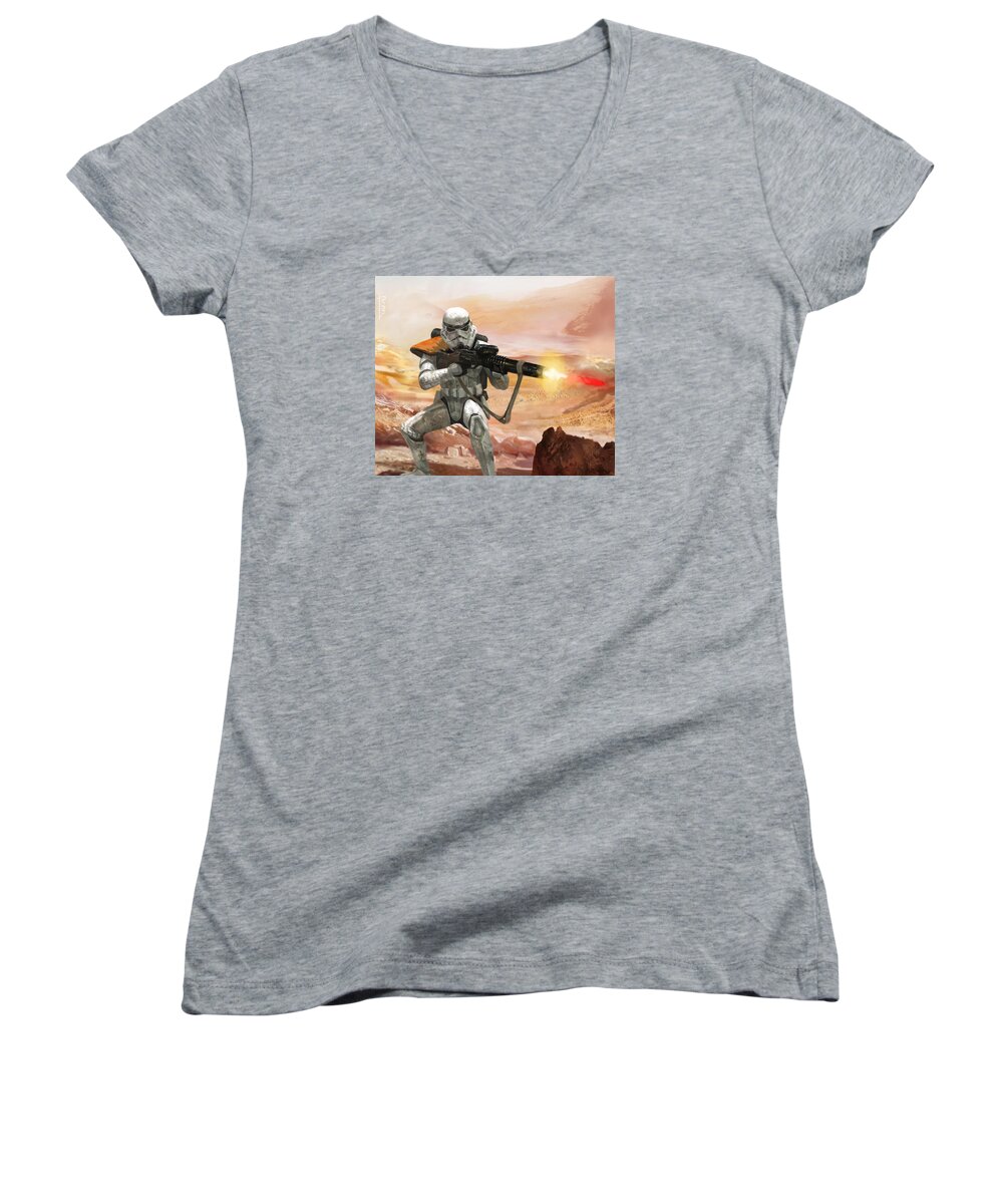 Star Wars Women's V-Neck featuring the digital art Sand Trooper - Star Wars the Card Game by Ryan Barger