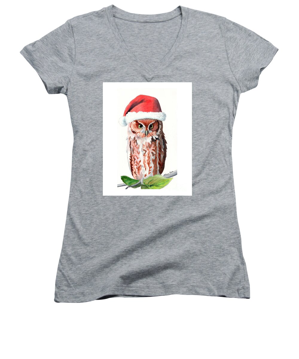 Owls Women's V-Neck featuring the painting Santa Owl by LeAnne Sowa