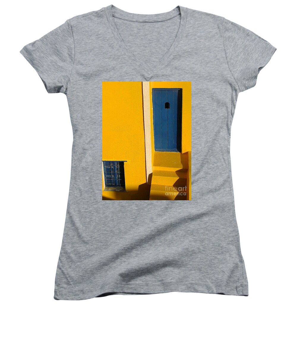 Oia Women's V-Neck featuring the photograph Santorini Doorway by Suzanne Oesterling