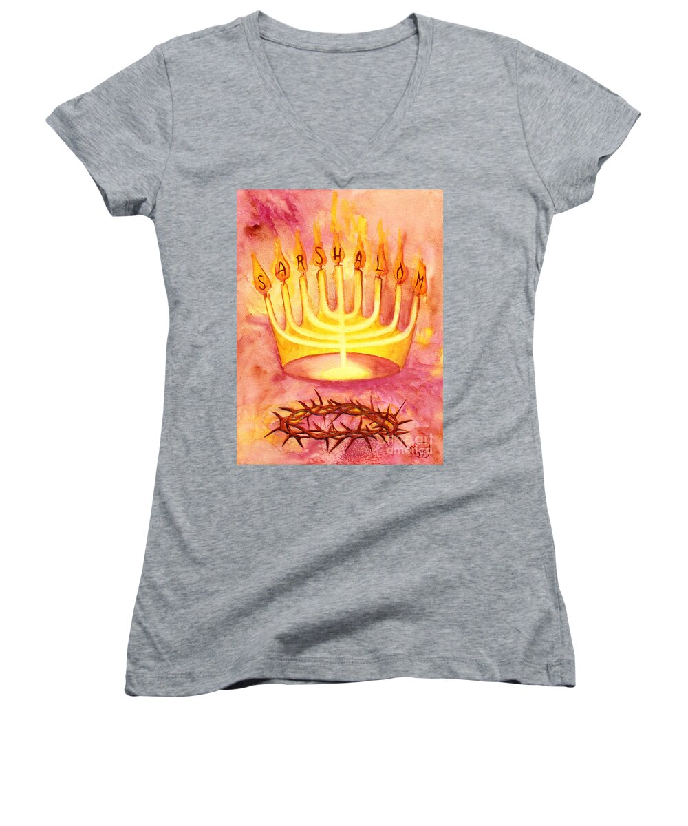 Sar Shalom Women's V-Neck featuring the painting Sar Shalom by Nancy Cupp