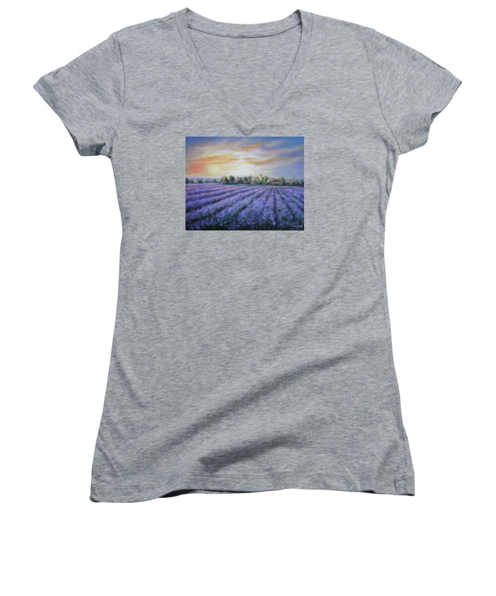 Landscapes Women's V-Neck featuring the painting Scented field by Vesna Martinjak